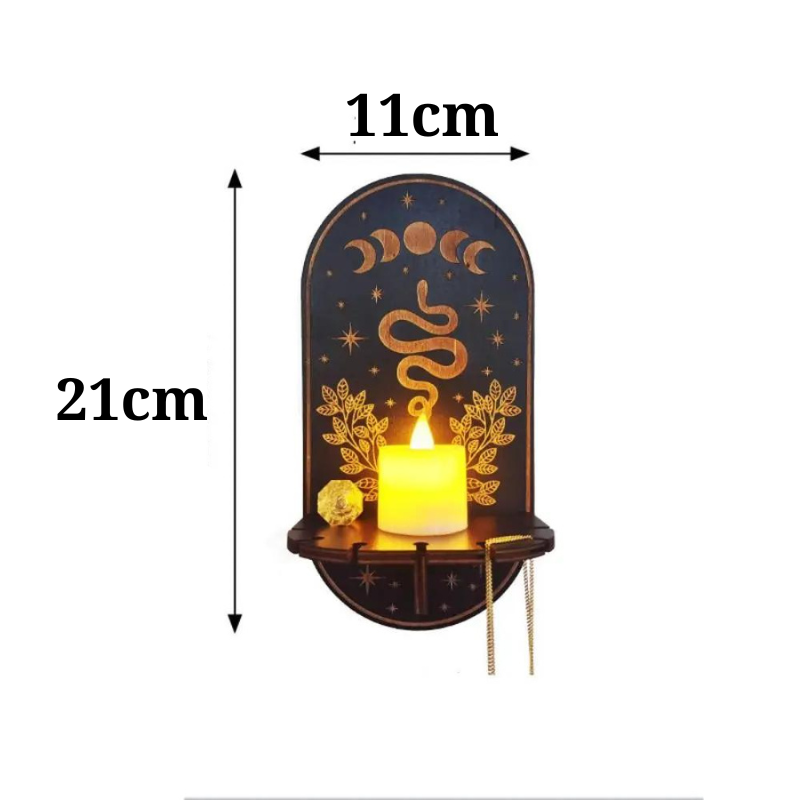 Tamanho do altar em madeira com suporte iluminado, peça de decoração espiritual e mística.