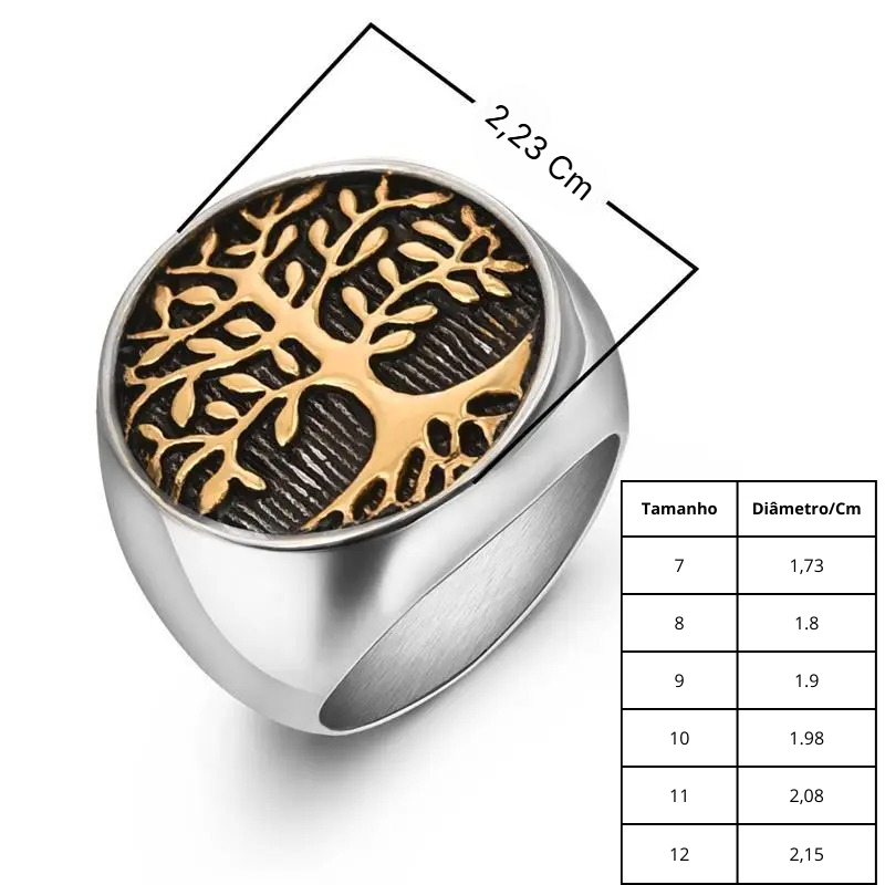 Tamanho Anel de aço com design da Árvore da Vida, contraste de dourado e prateado – Valenna