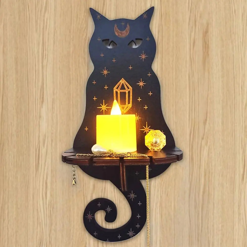 Altar de parede em madeira no formato de gato, com suporte, proteção espiritual e energia positiva.
