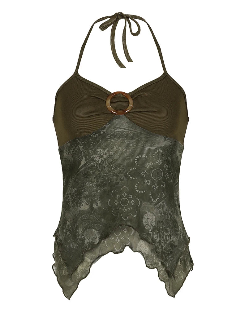 Blusa Verde Retrô Boho com amarração no pescoço e detalhe em argola – Valenna