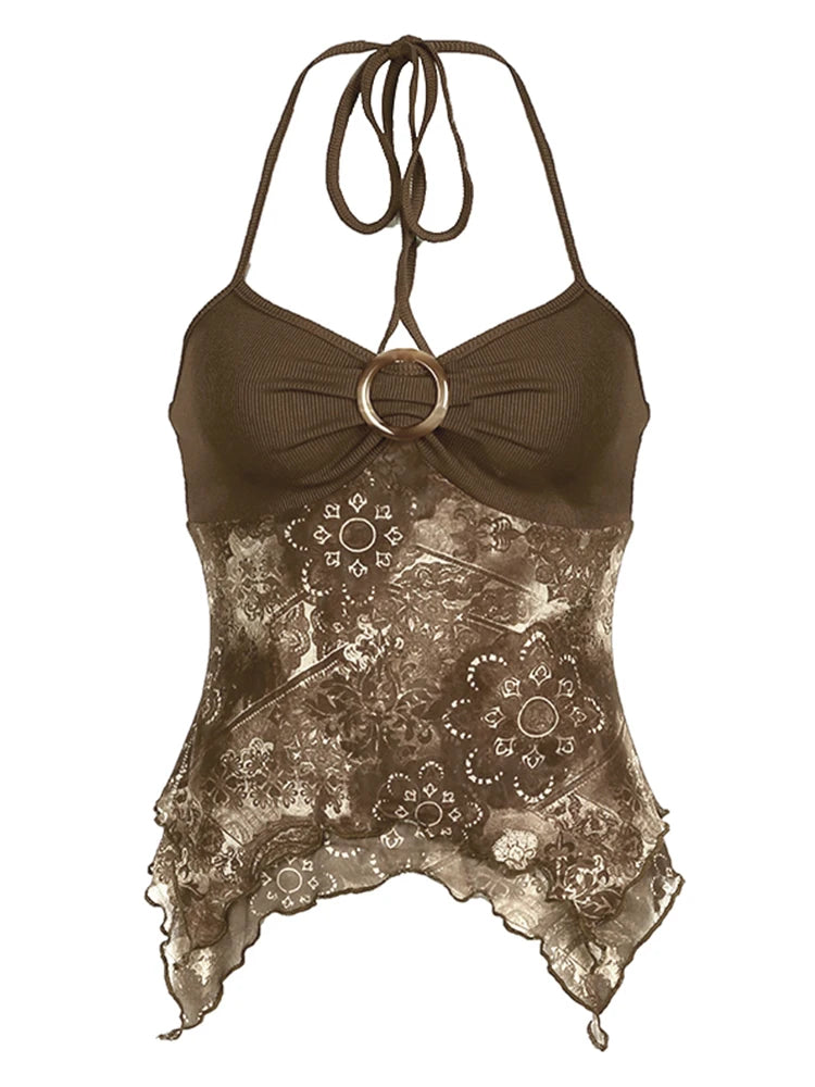 Vista frontal da Blusa Marrom Retrô Boho com barra assimétrica – Valenna