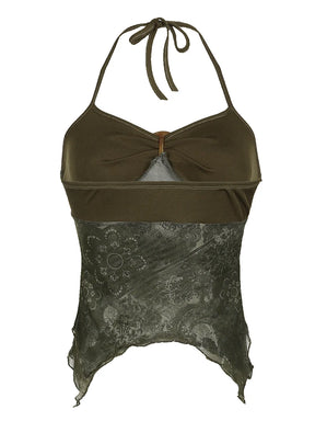 Vista traseira da Blusa Verde Retrô Boho, amarração e tecido com textura – Valenna