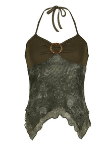 Blusa Verde Retrô Boho com amarração no pescoço e detalhe em argola – Valenna