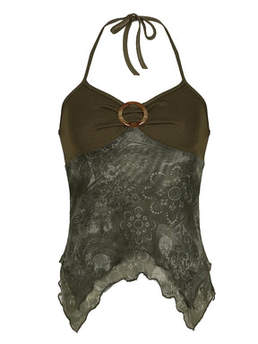 Blusa Verde Retrô Boho com amarração no pescoço e detalhe em argola – Valenna