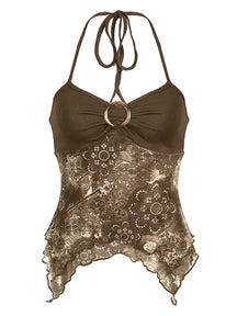 Vista frontal da Blusa Marrom Retrô Boho com barra assimétrica – Valenna